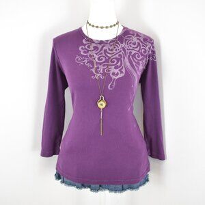 VTG 00s Y2K Tryst Purple w/ White Tribal Print 3/4 Quarter Sleeve T-Shirt Sz M
